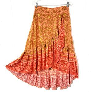 Rusttydustty BOHO Orange Red Floral Print M Rayon TULIP HEM Cottagecore ELASTIC